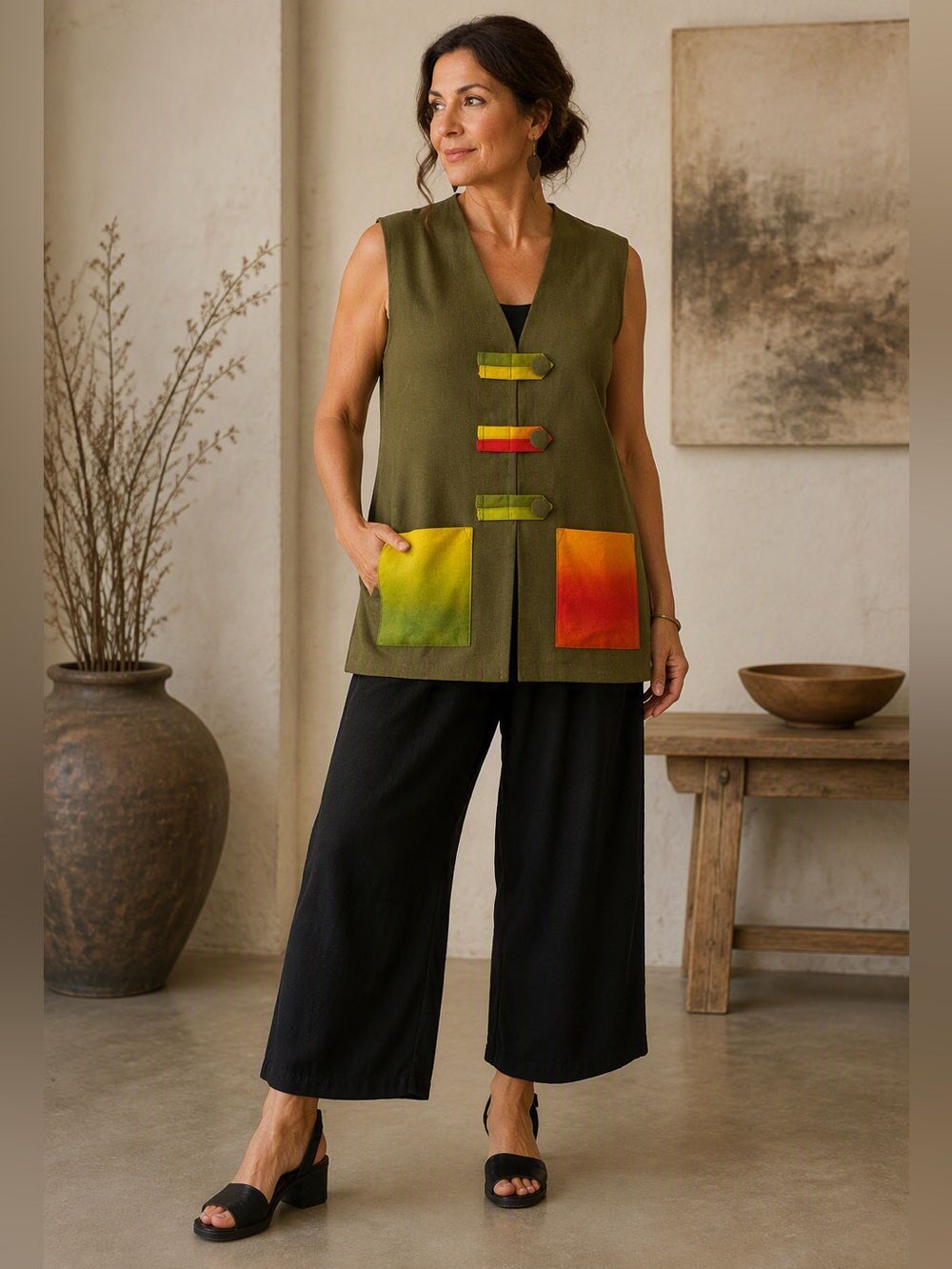 Sabrina Capune Art to Wear Vest Sz S Silk Linen Olive Green Boho Lagenlook